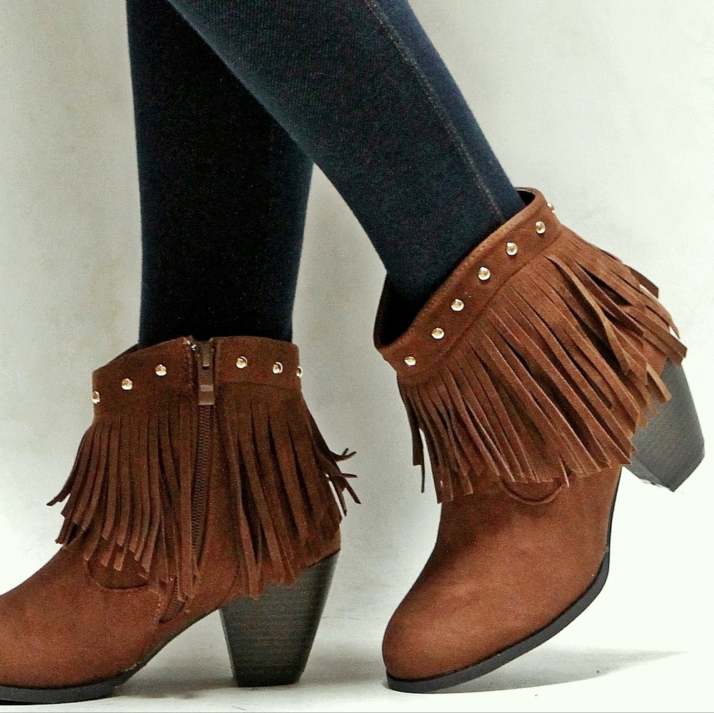 New Brown Fringe Chunky Heel Cowboy Ankle Boots - Picture 2 of 3